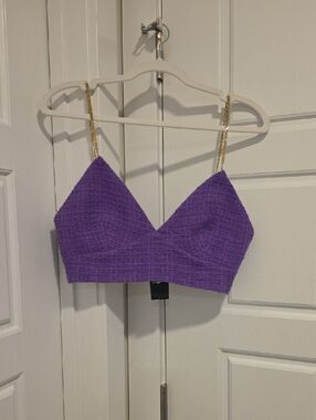MAJE Purple Tweed Bra Top with Gold Chain Straps